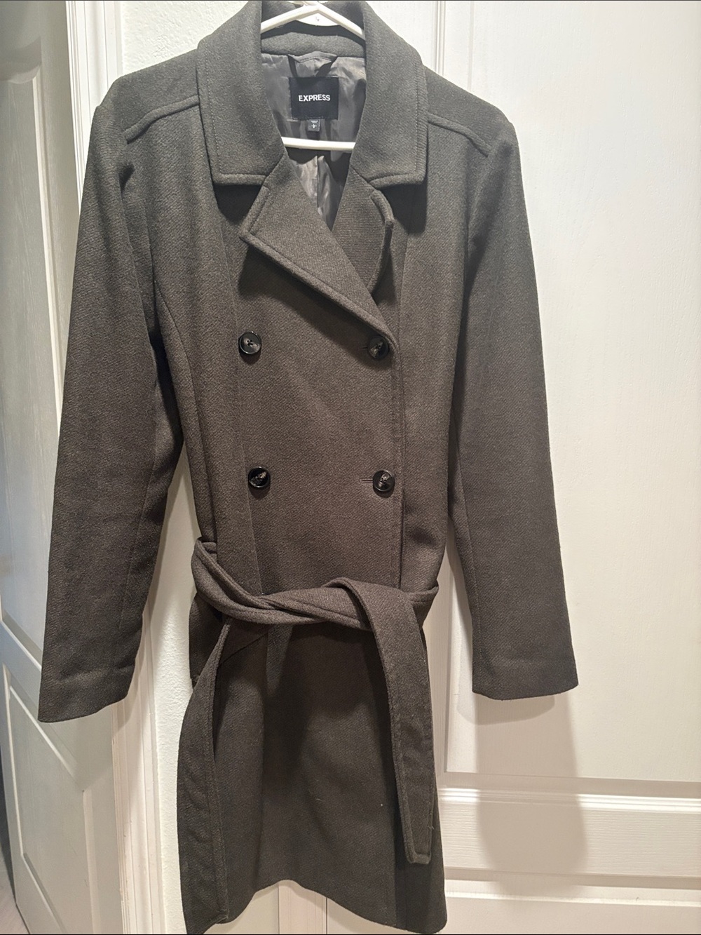 Express Double-Breasted Belted Trench Coat in Olive